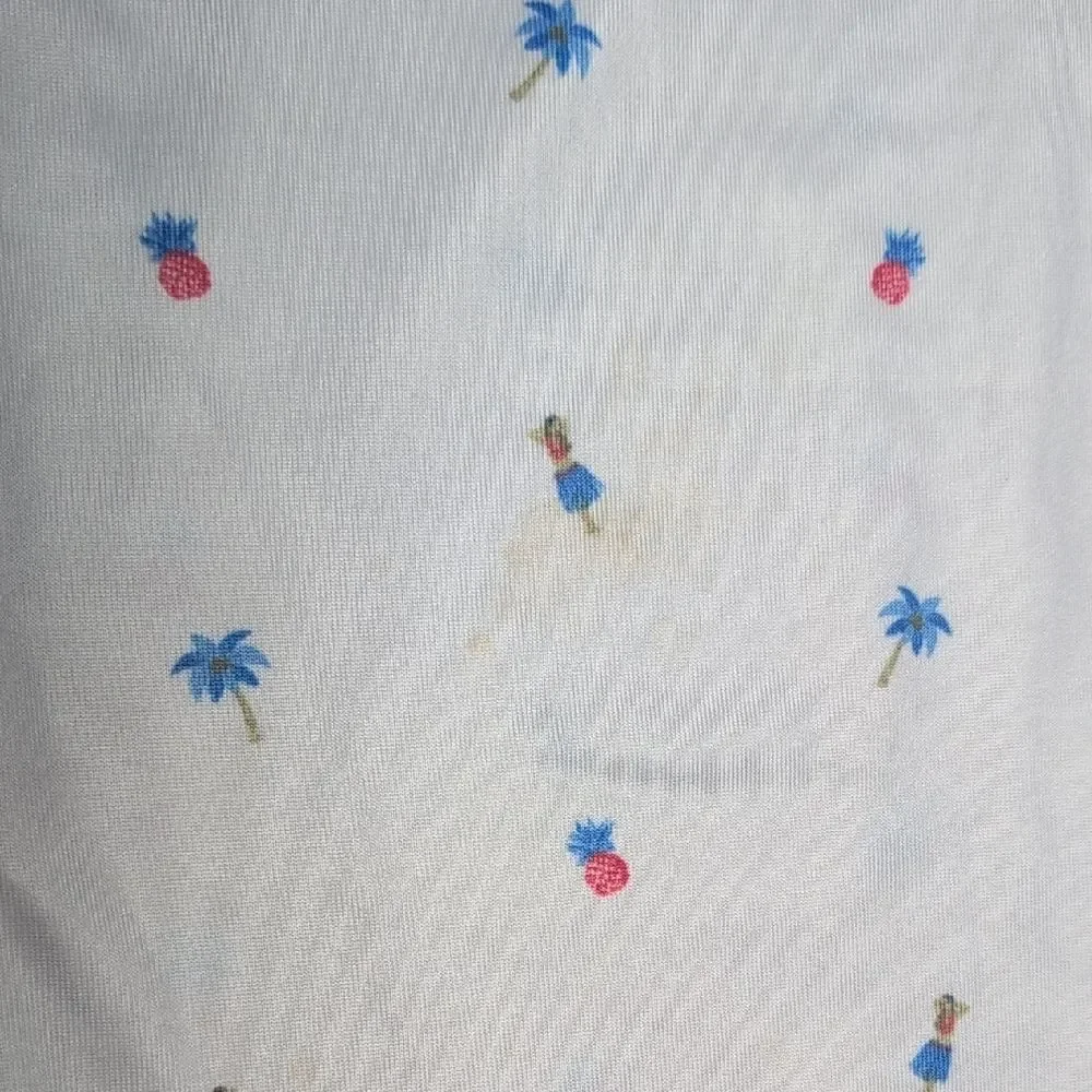 Izod White Polo Hula Girls Pineapples Palm Trees Reds/Blues Silky Sheen Size L